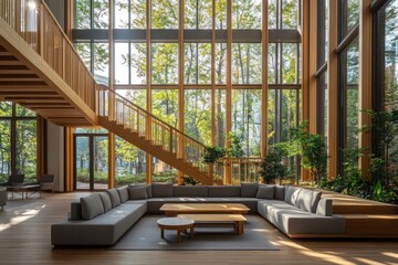 Poster - Modern spacious lobby with large windows, wooden staircase, and comfortable seating area.