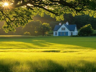 Poster - Sunlit cottage in a green field, sun rays through tree branches.