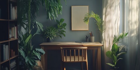 Leinwandbilder - Sunlit home office with wooden desk, chair, bookshelves, and lush indoor plants.