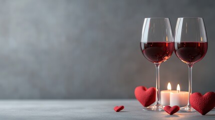 Valentine's day galentine gifts. Two wine glasses beside candles and red hearts set against a gray background.