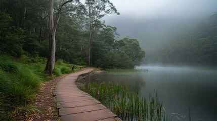 Poster - Misty morning trail winds along serene lake, lush green foliage.