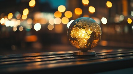 Poster - Illuminated globe on wooden surface at night with blurred city lights in background.