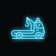 Poster - Blue glowing neon icon of a tow truck with a hook, symbolizing roadside assistance and vehicle recovery services
