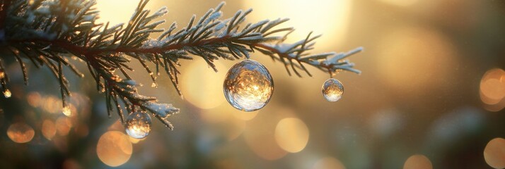 Aufkleber - Frozen pine branch with water droplets reflecting sunlight.