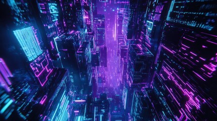Poster - Abstract futuristic city, glowing neon lights, digital architecture, vibrant colors, technology background.