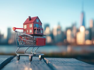 Poster - Miniature house in shopping cart against city backdrop. (10)
