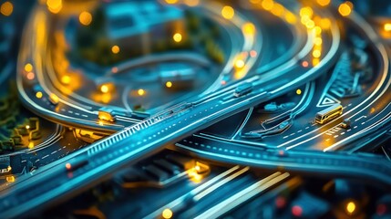 Poster - Aerial view of complex highway interchange at night, illuminated with glowing lights, showcasing intricate road network and vehicle movement.