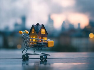 Poster - Miniature house in shopping cart against city backdrop. (11)