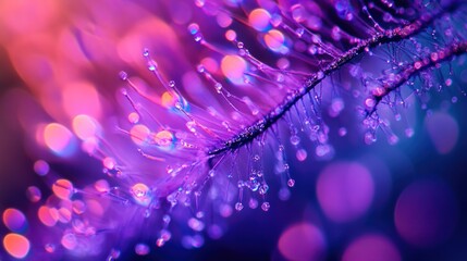Poster - Close-up of dew-covered branch with vibrant purple and pink bokeh background.