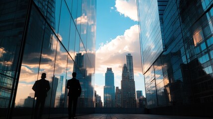 Poster - Two businessmen silhouetted against a modern cityscape at sunset, reflecting ambition and success.