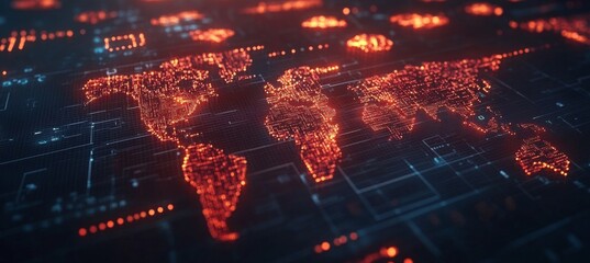 Poster - Illuminated World Map on a Circuit Board, Symbolizing Global Connections and Technology