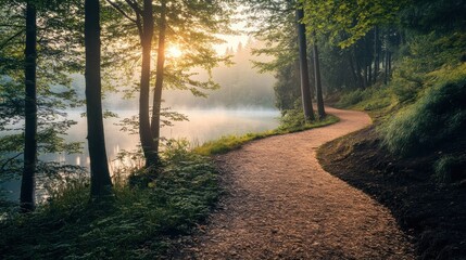 Poster - Serene sunrise path winding along misty lake in lush green forest.
