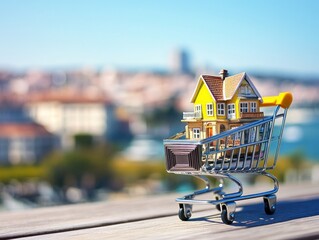 Poster - Miniature house in shopping cart against city backdrop. (12)