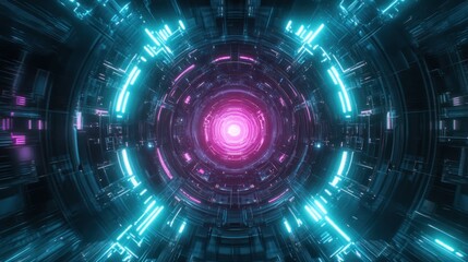 Poster - Futuristic neon tunnel with glowing lights and circular patterns.