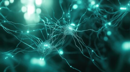Aufkleber - Microscopic view of interconnected neurons, glowing teal, abstract background.