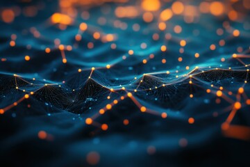 Leinwandbilder - Abstract digital network, glowing nodes and lines forming a wavy landscape.