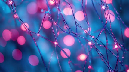Leinwandbilder - Abstract pink and blue bokeh lights with intricate web-like structure.