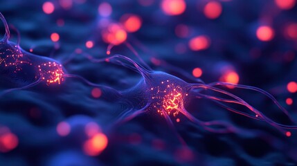 Poster - Microscopic view of glowing neurons, intricate network, neural connections, vibrant colors, abstract background.