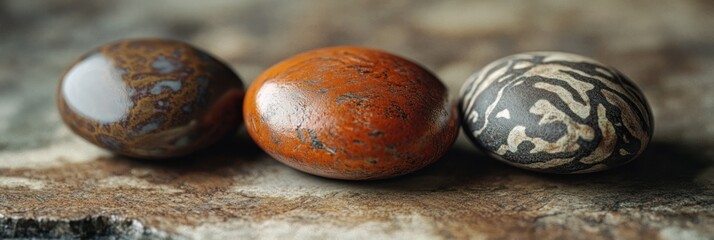 Leinwandbilder - Three smooth, polished stones with unique patterns and colors rest on a textured surface.