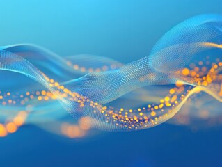 Poster - Abstract blue and gold wave with glowing particles.