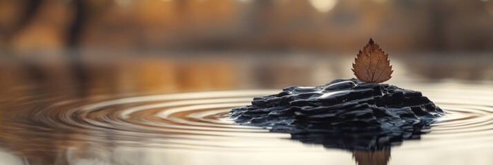 Aufkleber - Single autumn leaf atop dark rock in calm water, concentric ripples.