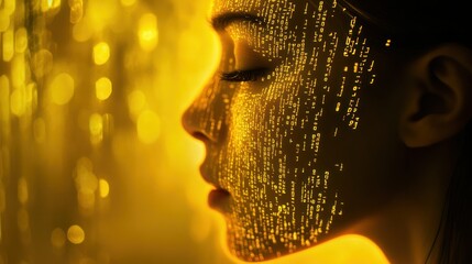 Poster - Woman's face profile with glowing digital code overlay against a bokeh background.