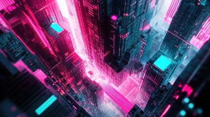 Poster - Futuristic city at night, pink and blue neon lights, high angle view.