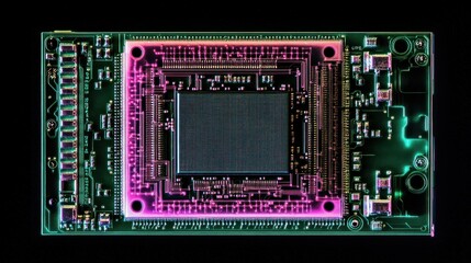 Fototapete - Close-up of a computer processor chip on a circuit board, showcasing intricate details and vibrant colors.