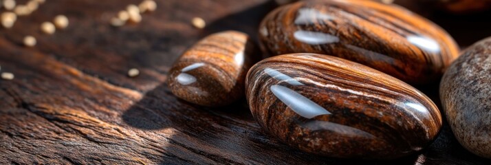 Poster - Polished tiger eye stones on rustic wood background.