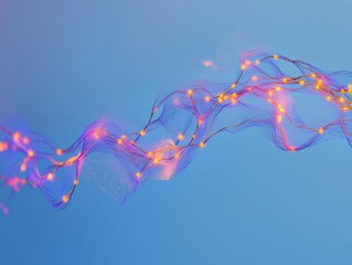 Aufkleber - Abstract flowing light trails with glowing particles on a blue background.