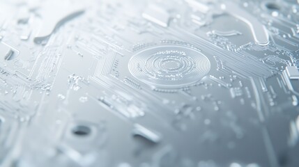 Aufkleber - Close-up of a futuristic, metallic circuit board with intricate design and central component.