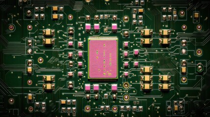 Poster - Close-up of a circuit board with a central processor chip.