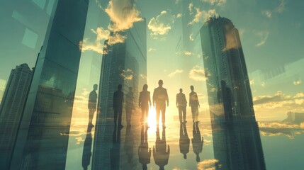 Aufkleber - Silhouetted businesspeople walking towards sunrise reflected in modern cityscape glass building.