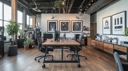 Poster - Modern industrial office interior design with wooden desks, hardwood floors, and artwork.