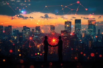 Aufkleber - Two businessmen shaking hands against a cityscape at sunset, symbolizing partnership and connection.