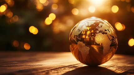 Poster - Golden globe on wooden surface with bokeh background. (1)