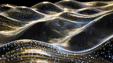 Poster - Abstract gold and silver wave pattern with glowing particles.