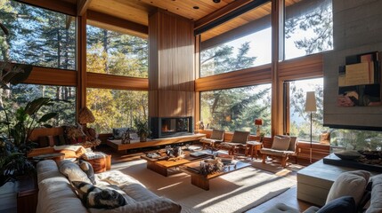 Poster - Sunlit living room with large windows, wooden beams, fireplace, and comfortable furniture overlooking a forest.