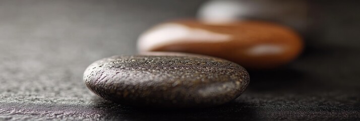 Leinwandbilder - Close-up of three smooth, dark-colored stones on a dark surface.