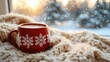 © O - Cozy winter morning with hot chocolate in red snowflake mug. Merry Christmas. Happy New Year