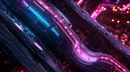 Poster - Abstract neon pink and blue glowing futuristic technological background.