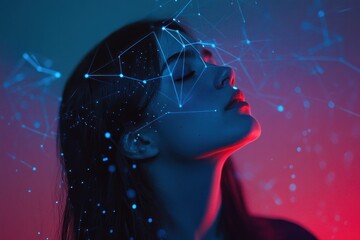 Aufkleber - Woman's face overlaid with a digital network, illuminated by blue and red light.