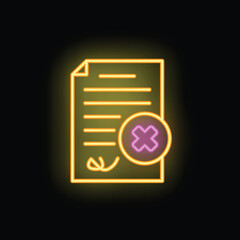 Poster - Bright neon icon of a signed document with a cross mark on it, indicating rejection or disapproval