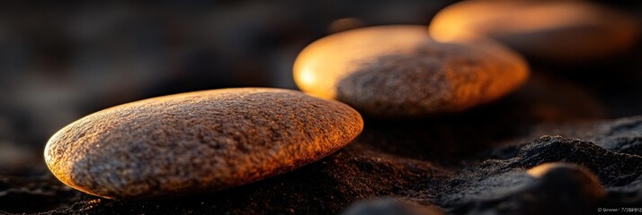 Poster - Three smooth, sunlit stones rest on dark sand.