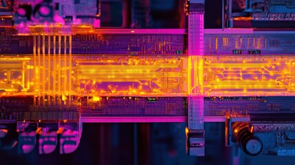 Aufkleber - Close-up of complex circuitry glowing orange and pink, intricate technological design.