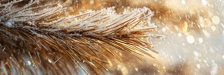 Aufkleber - Close-up of a frost-covered pine branch with a blurred bokeh background.
