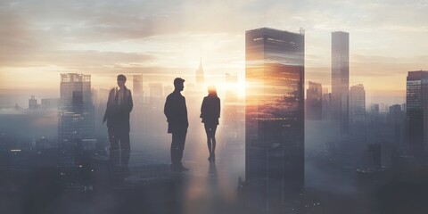 Poster - Silhouetted businesspeople stand on a rooftop overlooking a cityscape at sunrise.