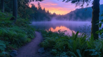 Poster - Misty sunrise over a serene lake with a trail winding through lush forest.