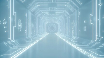 Poster - Futuristic glowing blue tunnel with circuit patterns on walls.
