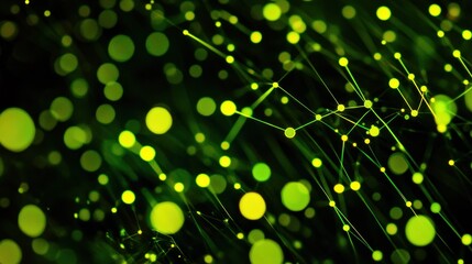 Poster - Abstract green glowing lines and particles on dark background.
